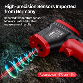 Laser infrared thermometer, Eventek pyrometer temperature sensor -50 to +380 °C, non-contact thermometer, digital LCD light, in black,red colour