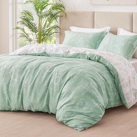 Love's cabin Sage Green Comforter Set Queen - Queen Size Comforter Set, 3 Pieces Cute Floral Bedding Sets for All Seasons,1 Soft Reversible Botanical Flowers Comforter and 2 Pillow Shams