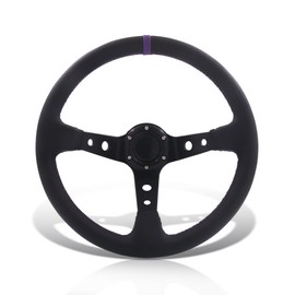 AJP Distributors Car Steering Wheel,Universal 350mm 14" 6-Bolt Hole Deep Dish Steering Wheel Black PVC Leather Purple Stitch Pin Stripe Light Weight Aluminum 3 Spoke +Horn Button Replacement JDM Sport