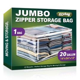1 Pack 20 Gallon Large Storage Bag for Clothes, Zipper Clothing Storage Bag, Clear Organizer with Reinforced Handles, for Comforters Blankets Pillows Bedding