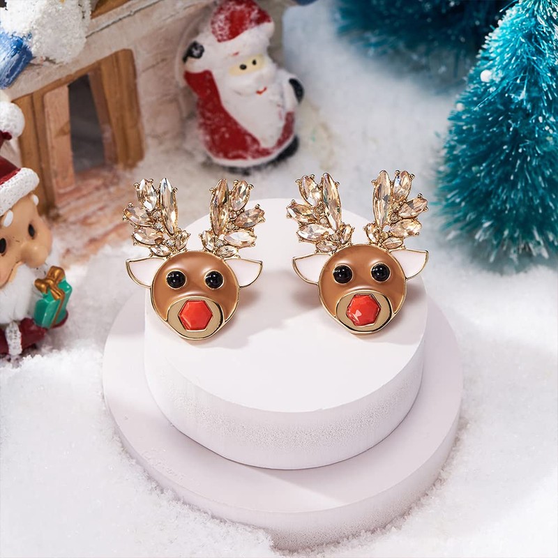 CLASSYZINT Christmas Dangle Earrings for Women Shiny Gold Plated Reindeer