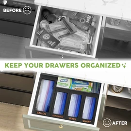 DALSHABET Bamboo Storage Bag Organizer for Kitchen Drawer, 4 Separate Food Storage Bag Organizer, 12x14 Baggie Organizer Dispenser for All Brands Gallon, Snack, Sandwich & Quart Slider Bags Black