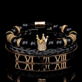 AIDUOMIRZER Luxury Roman Royal Crown Charm Men's bracelet Stainless Steel Geometry Pulseiras Men Open Adjustable Bracelets Couple Jewelry Gift (Black Agate Set)