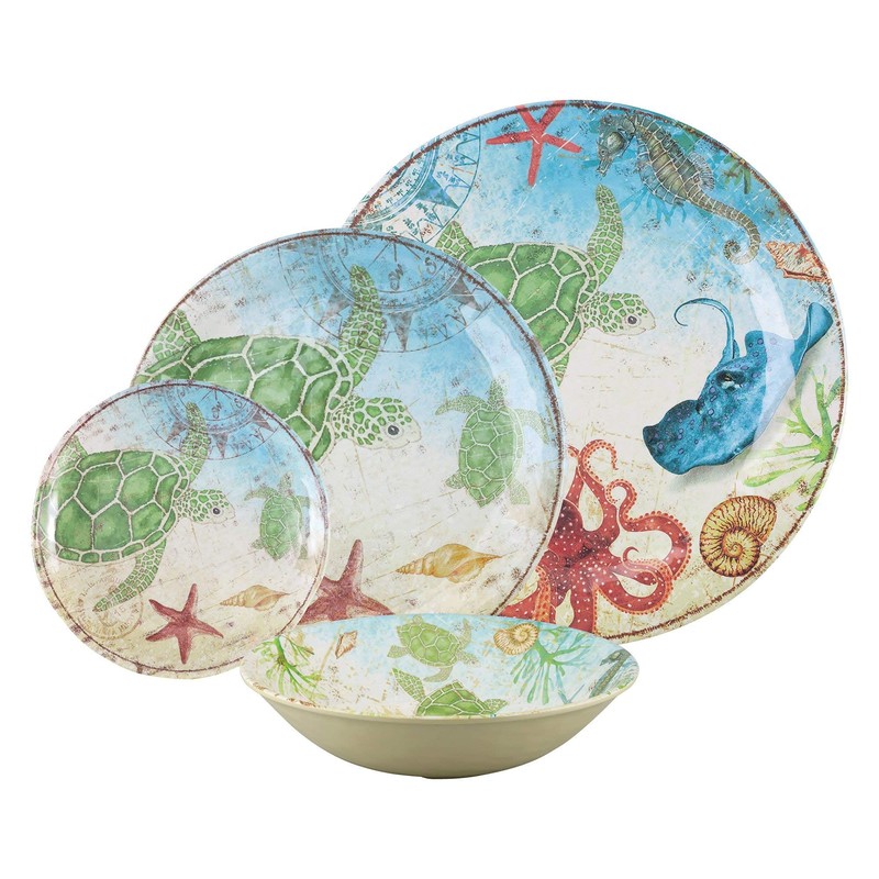 UPware 16 Piece Sea Turtle Melamine Dinnerware Sets, Outdoor Dishes