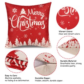 ButyHome Christmas Pillow Covers 16x16 Set of 4 Red Throw Pillowcase Christmas Decorations Snowflake Farmhouse Linen Cushion Pillow Case for Home Decor Holiday Decorative