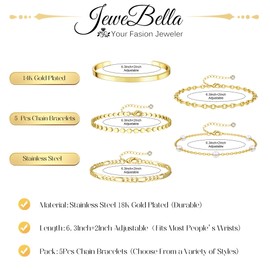 JeweBella 3-7PCS 18K Gold Bracelet for Women Chain Cuff Stacking Bracelets Set Figaro Twist Snake Tennis Bead Adjustable Chain Bracelets for Womens Gold Jewellery Set for Women