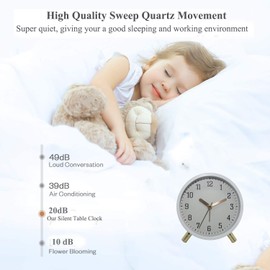 Table Clock Non-Ticking, Small Kids Alarm Clock Battery Operated Desk Clock with Backlight for Bedroom Living Room Indoor décor (A-White)