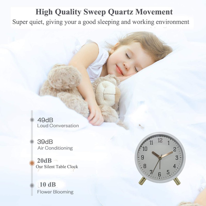 Table Clock Non-Ticking, Small Kids Alarm Clock Battery Operated Desk