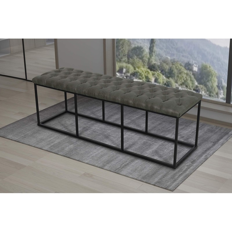 HomePop Upholstered Button Tufted Decorative Bench with Metal Base, Gray