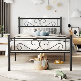 VECELO Twin Size Bed Frame with Headboard, 14 Inch Metal Platform Mattress Foundation, No Box Spring Needed, Squeak Resistant, Easy Assembly, Matte & Black