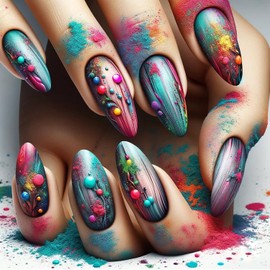CJDLTSPress on Nails Medium Almond Shaped Colorful Balls Pattern Design Gradient Smudge False Nail Full Cover Almond Stick on Nails Press Ons with Arificial Acrylic Glue on Nails for Women 24Pcs