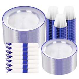 SUT 350 Pcs Blue and Clear Plastic Dinnerware Set for 50 Guests, Include: 50 Dinner Plates, 50 Dessert Plates, 50 Pre Rolled Napkins With Silverware, 50 Cups, Disposable Plates for Party, Wedding