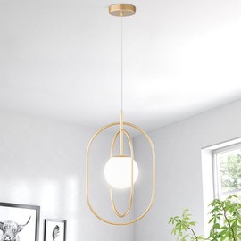LMSOD Gold Pendant Light with Frosted Glass Globe, Mid Century Modern Geometric Hanging Light Fixture, Adjustable Drop Ceiling Lamp for Kitchen Island Dining Room, E26 Base