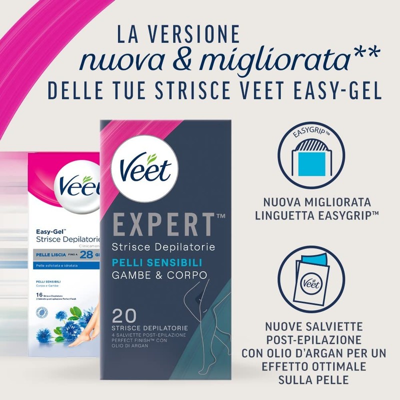 Veet Expert Strisce Corpo e Gambe Pelli Sensibili, 20 strisce