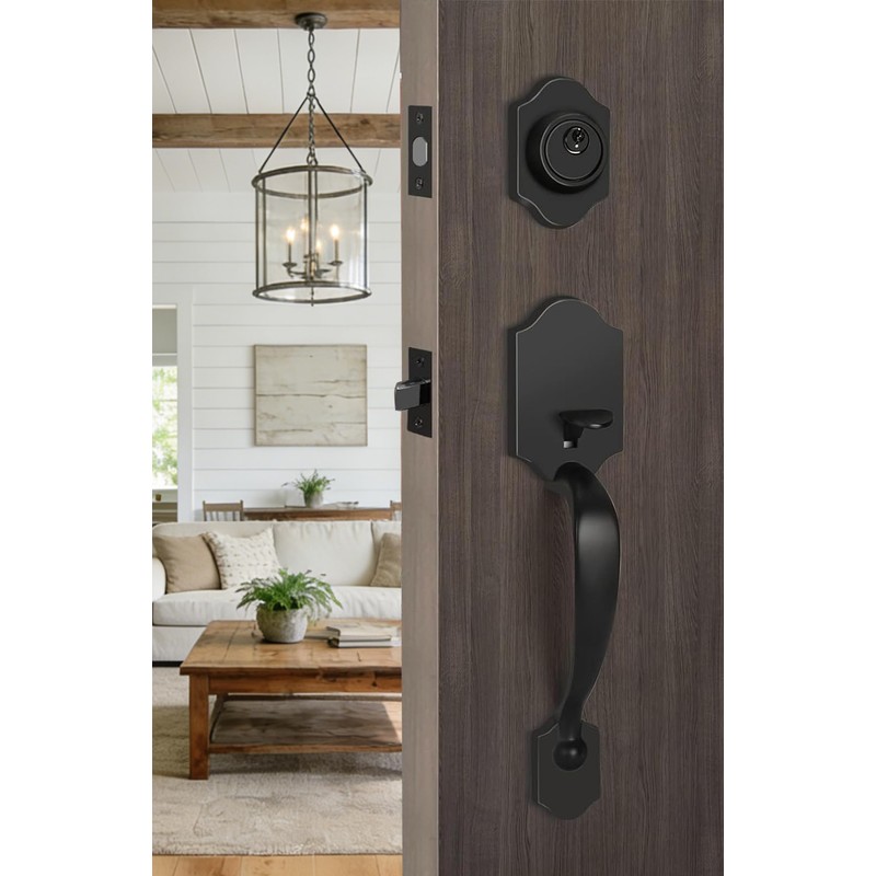 Haidms Matte Black Front Door Handle and Deadbolt Set, Front