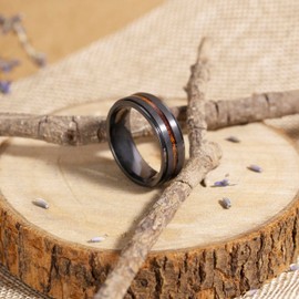 LerchPhi 8MM Mens Wedding Band Black Zirconium Ring KOA Wood Inlay Stepped Edge Unisex Promise Ring for Him and Her, Wood, No Gemstone