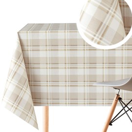 Cream Tartan Pattern Vinyl Table Cloth Wipe Clean Rectangle 200x140cm | 78x55in Up To 6 Seats - Heavy Weight Wipeable Tablecloth Waterproof Plastic PVC Table Cover In Light Beige Luxury Madcuff