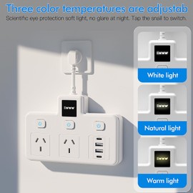 Lvpradior 6-Outlet Surge Protector Power Board with 2 USB-C & 2 USB-A – 3000W/4000J Smart Power Strip, Touch Night Light, Individual Switches, for Home Office, Gaming & Kitchen(White)