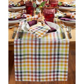 Solino Home Linen Table Runner 90 inches Long – 100% Pure Linen Multicolor Plaid Table Runner 14 x 90 Inch – Gingham Check Farmhouse Table Runner for Fall, Thanksgiving Decoration