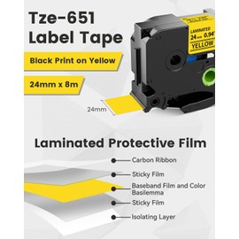 Upwinning Tz 651 24 mm Yellow Compatible with Brother P-Touch Bands 24 mm Yellow Tze 651 Tze-651, as Replacement for Brother Tze 24 mm Yellow for Brother P Touch D600 P700 P710BT P750W 2430 E550W,