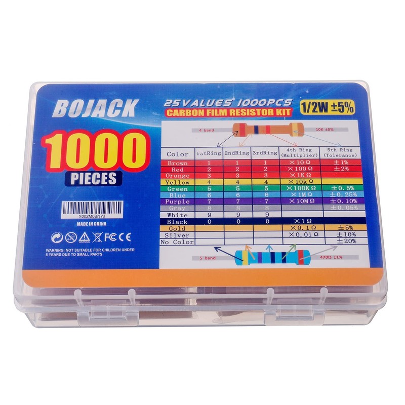 BOJACK 1000 Pcs 25 Values Resistor Kit 1 Ohm-1M Ohm