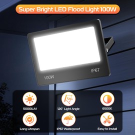 HAPYLUMI 100 W 10000 LM LED Outdoor Spotlight, Super Bright Outdoor Spotlight, 6500 K Cool White Spotlight, IP67 Waterproof LED Floodlight for Garden, Workshop, Patio, Sports Field, Backyard