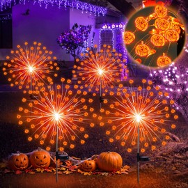 Tujoe 4 Pcs Halloween Pumpkin Solar Firework Lights Decorations Garden Pathway Solar Power Light Stake Waterproof with 90 LED 8 Modes Firework Lights Decoration for Halloween Outside Decor