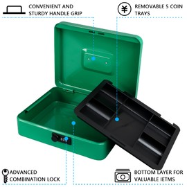 KYODOLED Metal Cash Box with Combination Lock Money Box for Cash Safe Metal Box with Money Tray for Security Lock Box 11.81"x 9.45"x 3.54" Green X Large