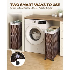 Greenstell Laundry Hamper with Wheels, 17.4 Gallon (66L) Slim Laundry Basket with 2 Removable Liner Bags & 2 Mesh Bags, Narrow Rattan Clothes Hamper for Bedroom, Laundry Room, Bathroom, Brown