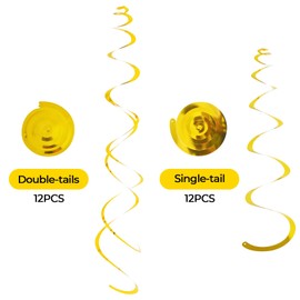 24 PCS Gold Foil Hanging Swirl, Sparkle Ceiling Hanging Decorations, Plastic Streamer Party Decorations, Swirl Decorations with Double-Swirls and Single-Swirls for Birthday, Baby Shower, Christmas