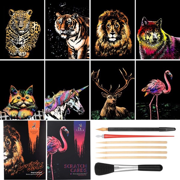 metagio 8PCS Scratch Art Paper A4 Animals Art Paper Rainbow