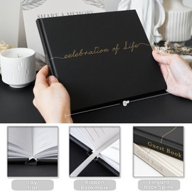 Celebration of Life Funeral Guest Book - Twill Guestbook with Memory Table Sign - Hardcover Guest Sign in Book for Funeral Service - 320 Entries, 9"x7.5", Black