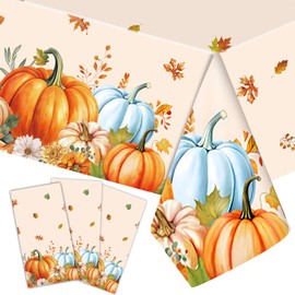 3-Piece 54 x 108 Inch Thanksgiving Pumpkin Plastic Tablecloth – Disposable Fall Rectangle Table Cover for Dining, Friendsgiving, Harvest Feast, Autumn Party, Festive Indoor Outdoor Thanksgiving Decors