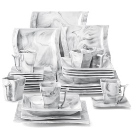 MALACASA Plates and Bowls Sets, 30 Piece Porcelain Dinnerware Sets for 6, Square Dinnerware Set with Dinner Plate, Dessert Plate, Soup Plate, Cup and Saucer, Modern Dish Set, Marble Grey, Series Flora