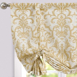 jinchan Linen Tie Up Valance for Kitchen Window Flax Floral Drapes Vintage Farmhouse Medallion Window Treatments Light Filtering Curtain for Living Room Cafe Rod Pocket 1 Panel 54 Inch Mustard Yellow