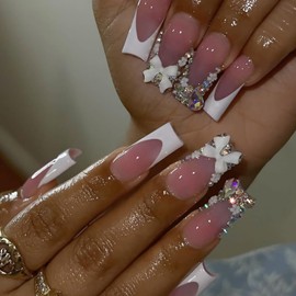 White French Tip Press on Nails Long Square Fake Nail with 3D Bow Flowers Charms Designs Bling Rhinestones False Nails Full Cover Artificial Stick on Nail Acrylic Glue on Nail for Women Girls 24 Pcs