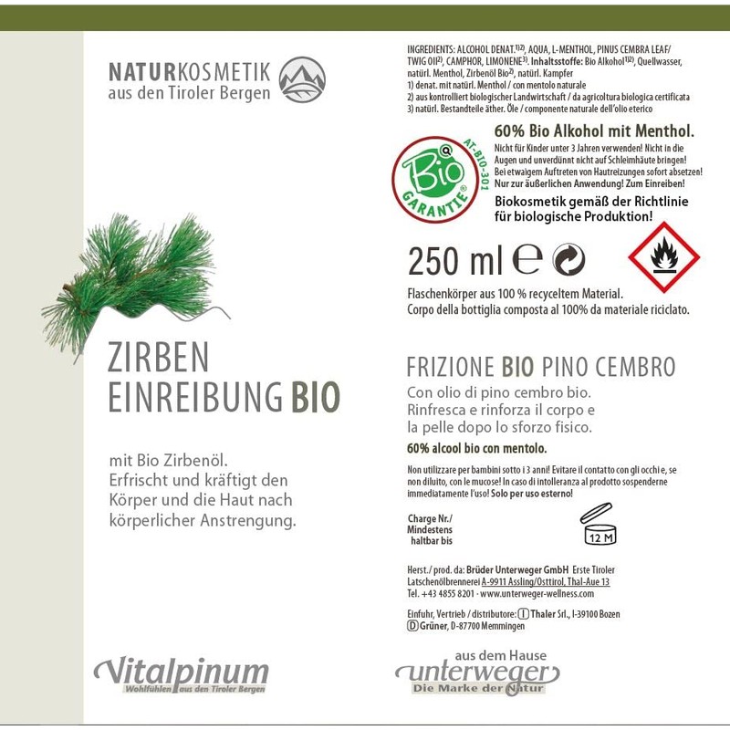 Unterweger Organic Swiss pine oil rub, 250 ml, for physical