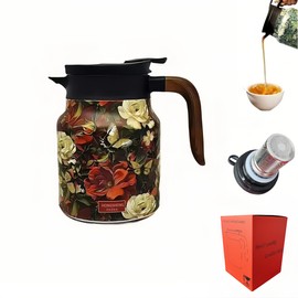 2025 Vintage Floral Pattern 1L Stainless Steel Insulated Tea & Coffee Thermos with Built-in Infuser - Single-Handed Design,Long-Lasting Heat Retention,V-Shaped Spout for Home,Office, Kitchen (Red F)