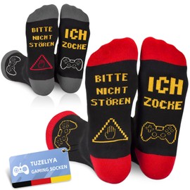 TUZELIYA Funny Socks, Gaming Socks with Saying "Bitte NICHT STÖREN ICH ZOCKE, Cotton Socks Men, Non-Slip Winter Socks, Gamer Gift for Men, Women, Christmas, Birthday, Red Grey