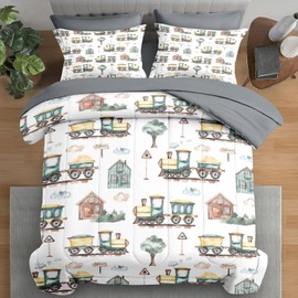 Pamnest Comforter Set Queen Size, Cute Cartoon Train 7 Pcs Bedding for Kids and Adults, Green Barn Tree Bed Sheet Sets with Fitted Sheet 2 Pillowcases & 2 Shams for Bedroom Bed Decor