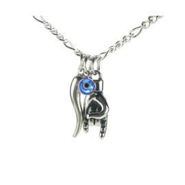 Mano Cornuto, Cornicello, and Nazar combo Necklace, on 20" Figaro Chain, Italian Lucky Hand Horn Anti Evil Eye Good Luck Amulet Protection Charms All Stainless