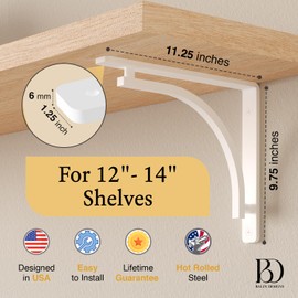Classic White Heavy Duty Shelf Brackets 12 Inch – 14 by Balin Designs – L Bracket, Wall Mounted Support, Shelving Metal Bracket, Decorative Shelf Brackets, with Hardware Included, Set of 2