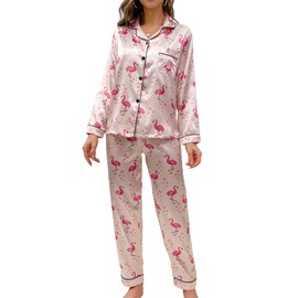 WDIRARA Women's 2 Piece Satin Sleepwear Flamingo Animal Print Button Down Shirt and Pants Pajama Set Pink L