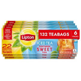 Lipton Family-Sized Black Iced Tea Bags, Southern Sweet Tea 22 ct (Pack of 6)