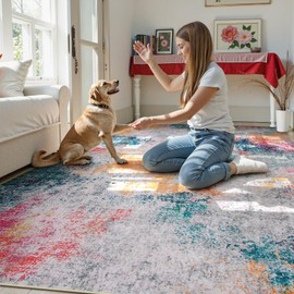 Beeiva Abstract Large Washable Rug 6x9, Modern Non Slip Area Rugs, Ultra Thin Foldable Low Pile Carpet for Dining Room Living Room Bedroom Playroom - Ivory Blue