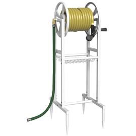 Garbuildman Ground Mount Garden Hose Reel Holds 125 Feet of 5/8-Inch with 3.9 ft Leader Hose, Brass Fitting, Water Hose Holder Stand with Storage Rack & 4 Spikes Base for Outdoor Lawn, White