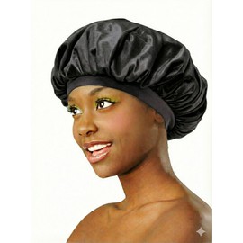 DONNA Silky Satin Bonnet Hair Cap with Argan Oil & Jamaican Black Castor Oil, Double Layer Sleep Hat, Soft Elastic Band, Large X-Large, Black Color