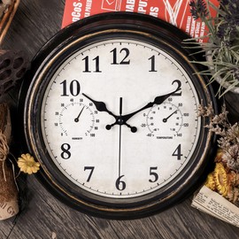 JoFomp Outdoor Clocks for Patio, Large 12 inch Outside Wall Clock Waterproof with Thermometer and Hygrometer Combo, Round Silent Battery Operated Wall Clock for Home, Pool, Garden