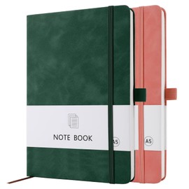 A5 Notebook, 2 Pack Notebook A5 200 Pages 100 GSM Journal Notebook Hardback Notepad with Bookmark, Pen Loop, and Elastic Closure (Green+Pink)