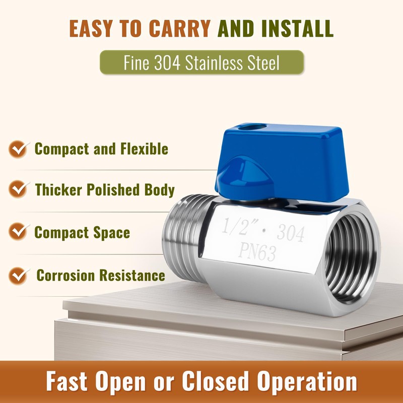 2 Pack 1/2" Mini Ball Valve, 304 Stainless Steel Valve